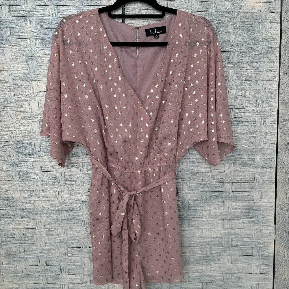 Lulus Womens S Pink Gold Metallic Polka Dot Wrap Romper Kimono Sleeve Tie Waist